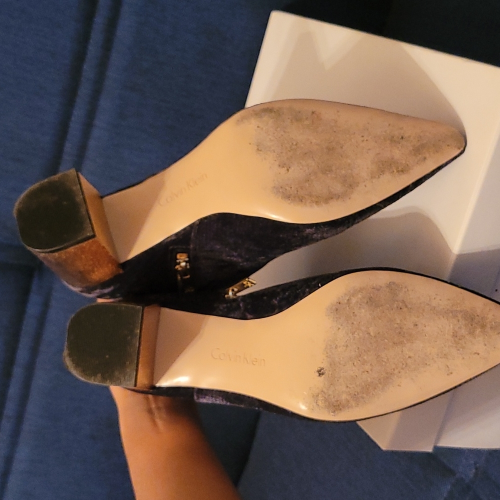 Deep Navy blue Calvin Klein suede Snake skin booties Gold heel - Picture 3 of 4